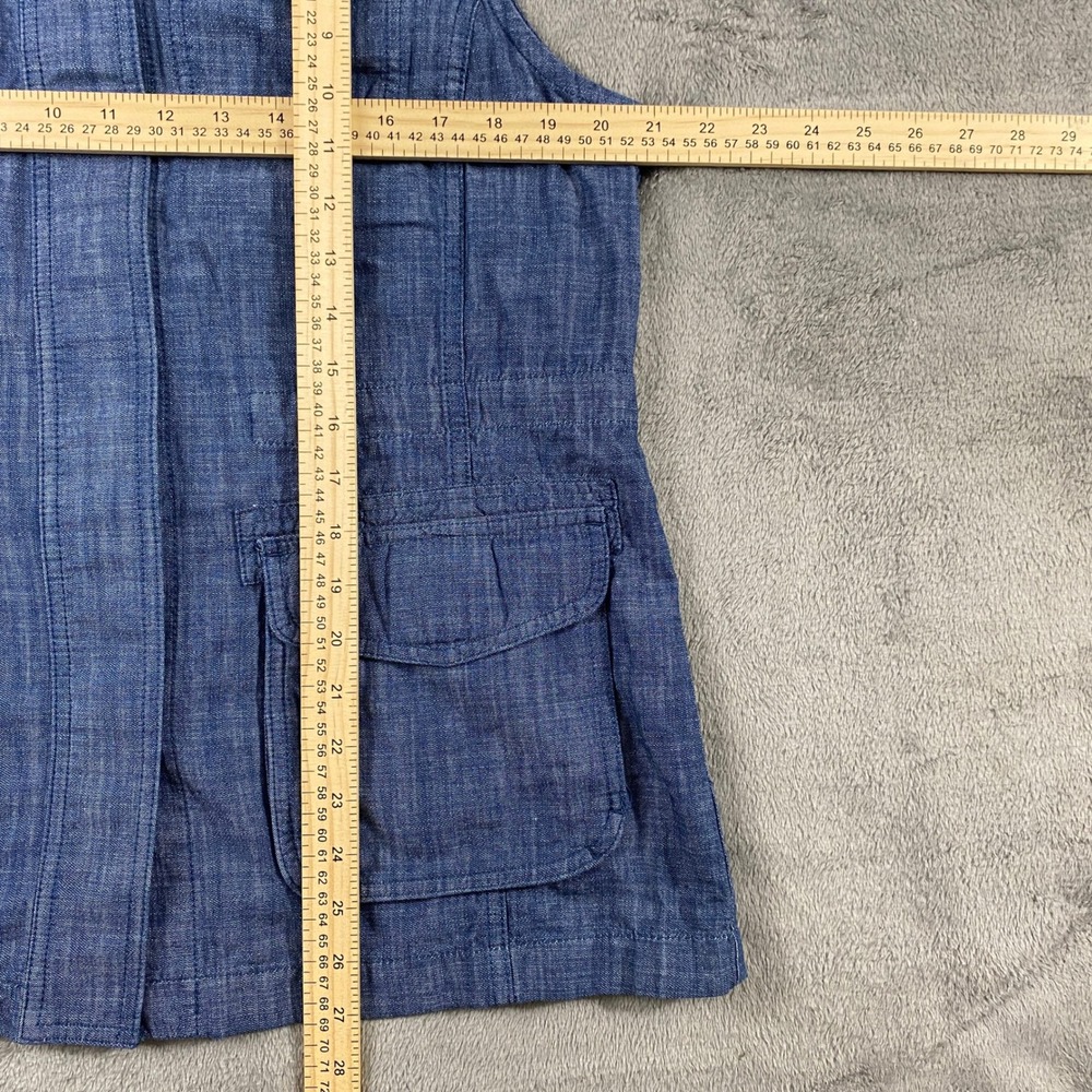 Talbots Utility Vest Womens L Blue Chambray Cotton Mock Neck Cargo Pockets - Picture 3 of 8